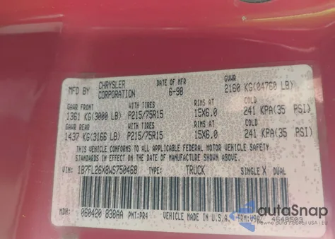 1998 Dodge Dakota Slt/Sport из США, поврежденный, VIN 1B7FL26X8WS750468